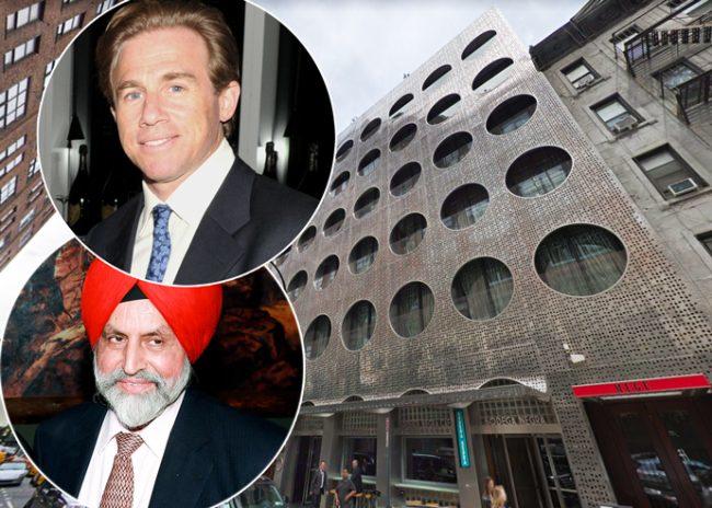 Dream Hotel Group's Sant Singh Chatwal (left) and Charles Holzer (right) and 355 West 16th Street (Credit: Getty Images and Google Maps)