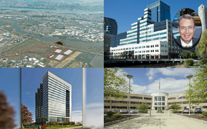 <em>Clockwise from the upper left: Investors clinch $43M Kingsland Tract acquisition, Bow Street wins four seats on Mack-Cali's board of directors, Strategic Real Estate secures $54M in financing to buy a Morristown office complex and East Brunswick's One Tower Center sells for $38M to Edison-based American Equity Partners.</em>