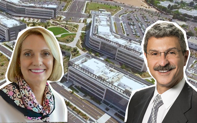 City of Hope President Annette Walker, FivePoint Holdings CEO Emile Haddad, and a rendering of the completed hospital complex