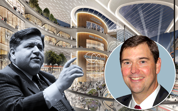 From left: J.B. Pritzker, Bob Dunn and a rendering of the transit hub (Credit: Getty Images)
