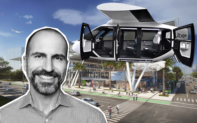 Uber CEO Dara Khosrowshahi, a concept Uber Air taxi and Gensler's skyport design