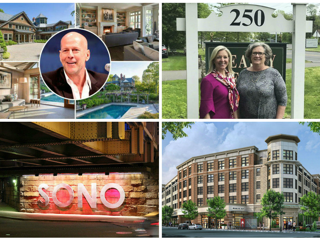 <em>Clockwise from top left: Bruce Willis lowers asking price on Bedford Corners estate by nearly $1M (credit: Wikipedia and Houlihan Lawrence), Wilton-based agency joins Berkshire Hathaway's HomeServices as residential brokerage consolidation comes to Connecticut, CVS signs lease as anchor tenant at New Rochelle's Rockwell development and Nordstrom sets an opening date for its store at Norwalk's new SoNo Collection (credit: JohnOwensCT).</em>