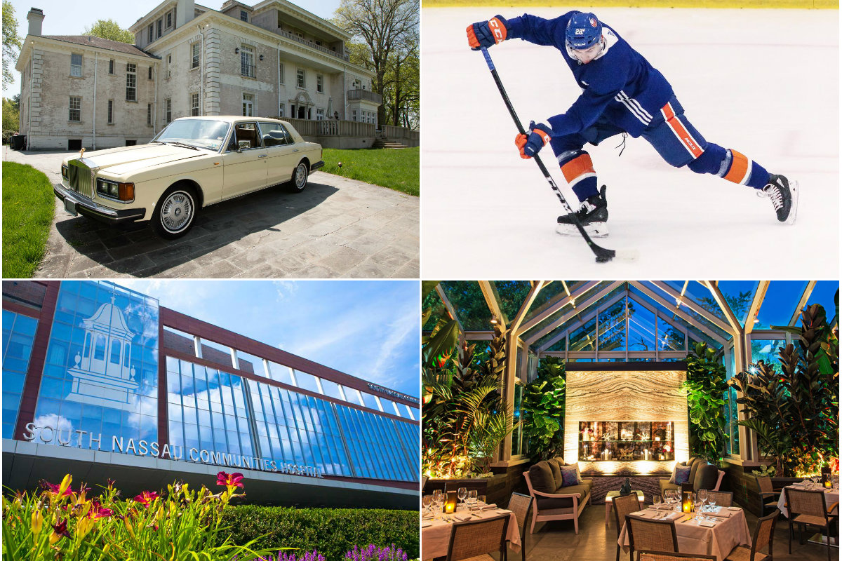 <em>Clockwise from top left: Oleg Cassini's Oyster Bay home in contract after price chop, build for New York Islanders' Belmont arena expected to begin this summer, restaurateur buys Syosset property where he runs eatery for $4.15M and a hospital seeks a zoning change to construct a $40M medical building in Long Beach.</em>
