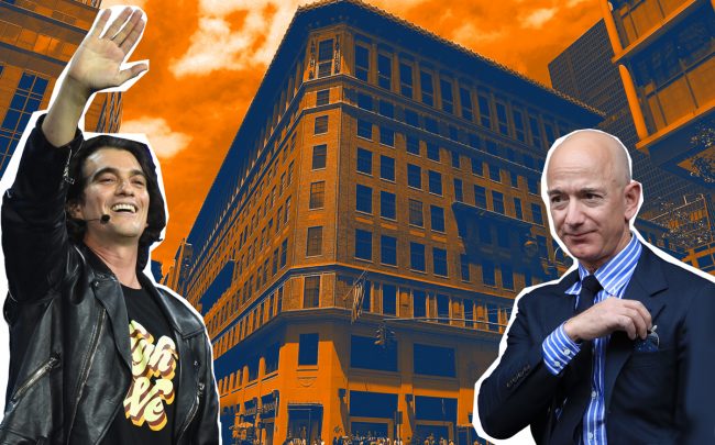 From left: WeWork CEO Adam Neumann, 424 Fifth Avenue, and Amazon CEO Jeff Bezos (Credit: Getty Images)