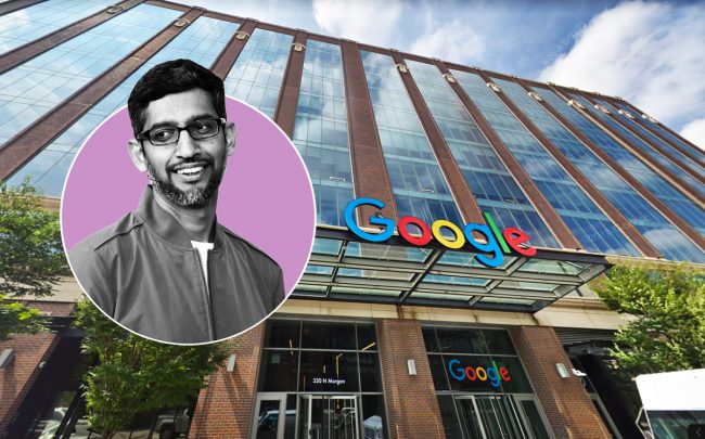 Google CEO Sundar Pichai and Google’s Midwest headquarters in Fulton Market (Credit: Getty Images and Google Maps)