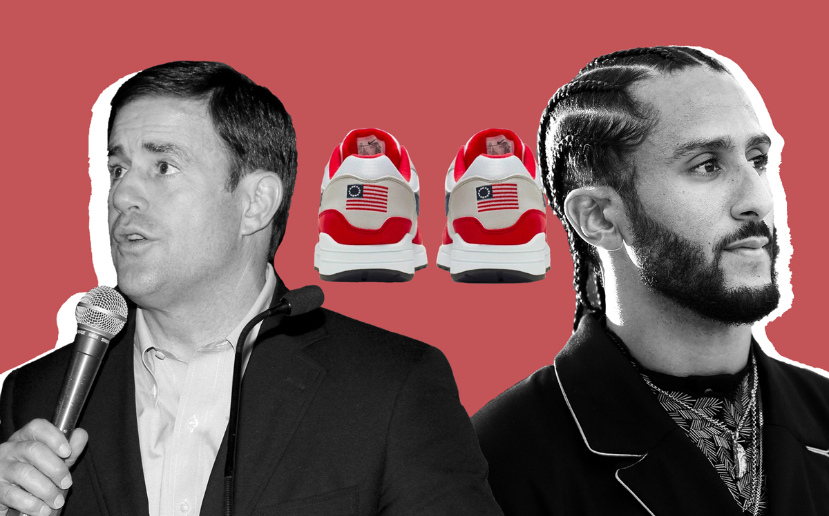 Arizona Governor Doug Ducey, Nike's Betsey Ross Sneaker, and Colin Kaepernick (Credit: Getty Images and Nike)