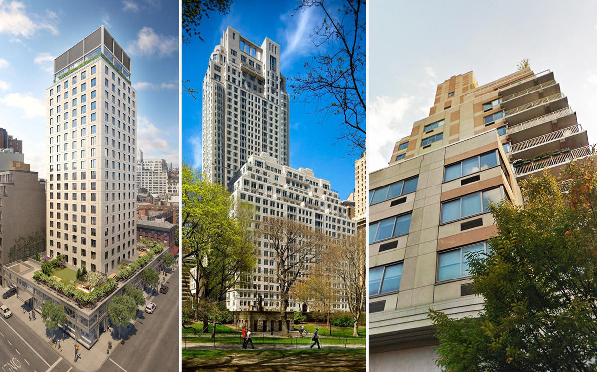 From left: 21 East 12th Street, 15 Central Park West and 240 East 10th Street (Credit: StreetEasy and Google Maps)