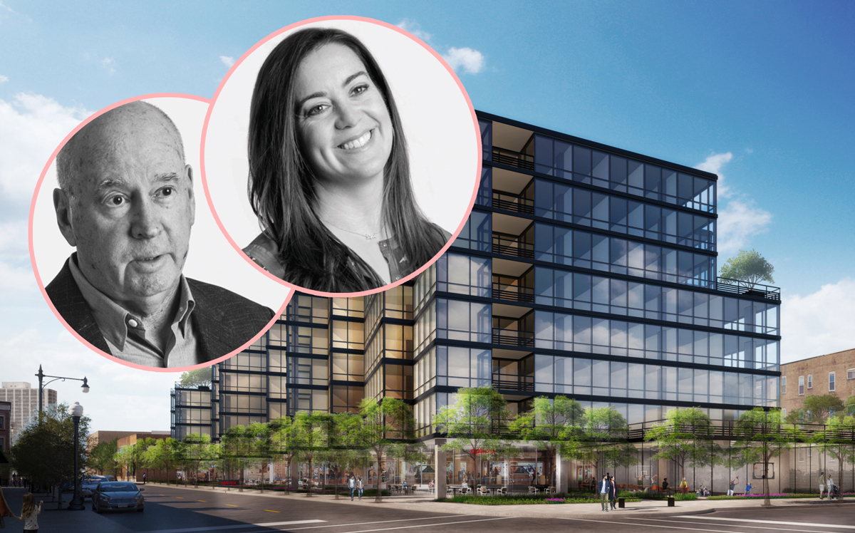 Optima CEO David Hovey Sr. and COO Tara Hovey with renderings of Optima Lakeview (Credit: Optima and 44thward)