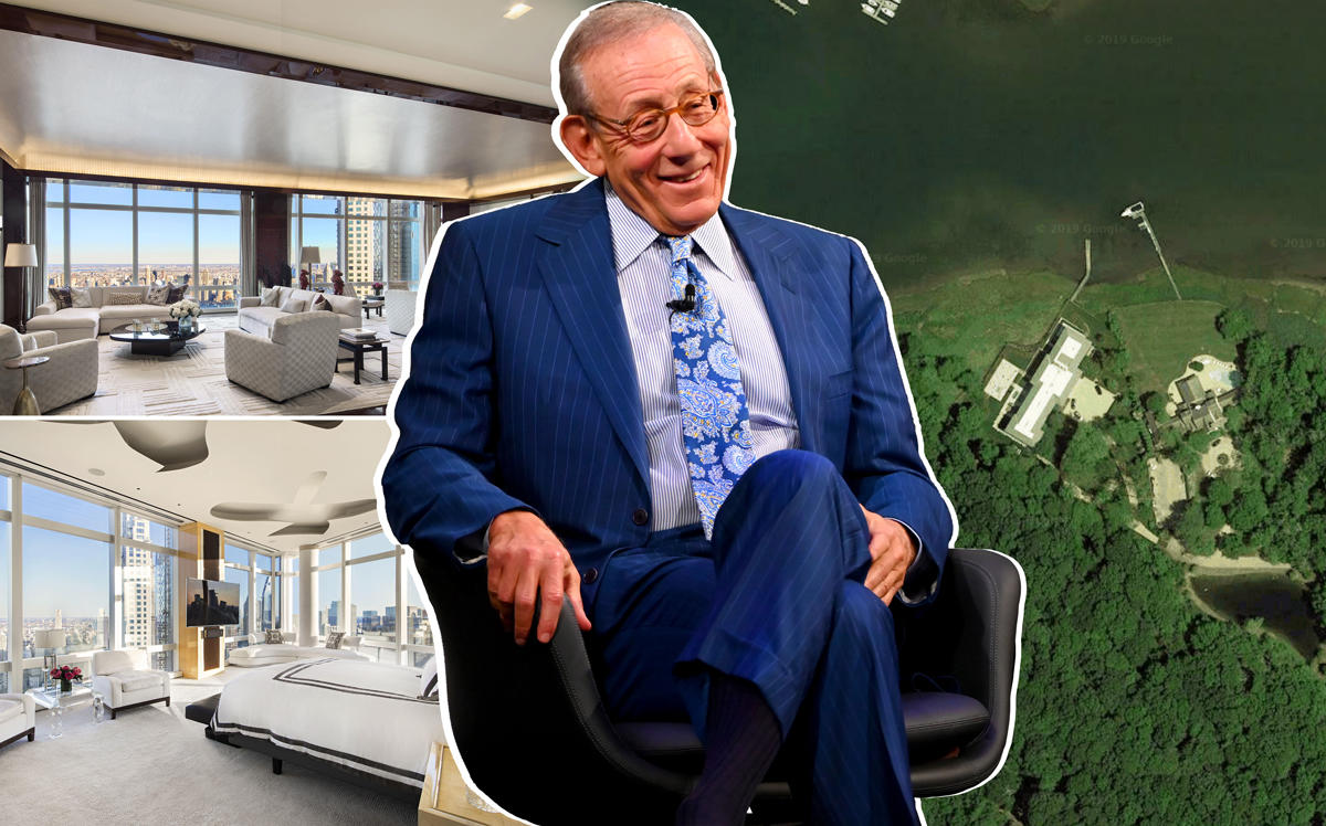 Related Companies chairman Stephen Ross and his penthouse at 25 Columbus Circle and his Hamptons property at 35 West Neck Lane (Credit: Corcoran, Getty Images and Trulia)