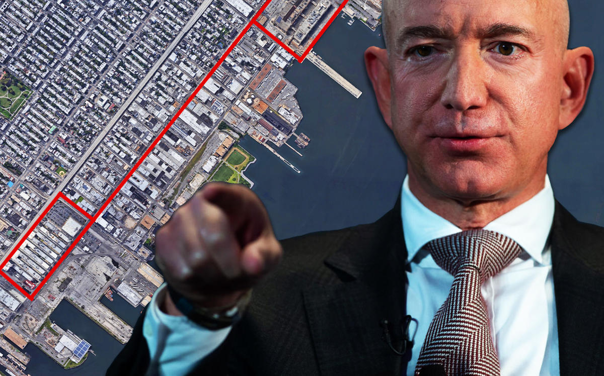 Amazon CEO Jeff Bezos and potential industrial sites in Brooklyn (Credit: Getty Images, Google Maps)