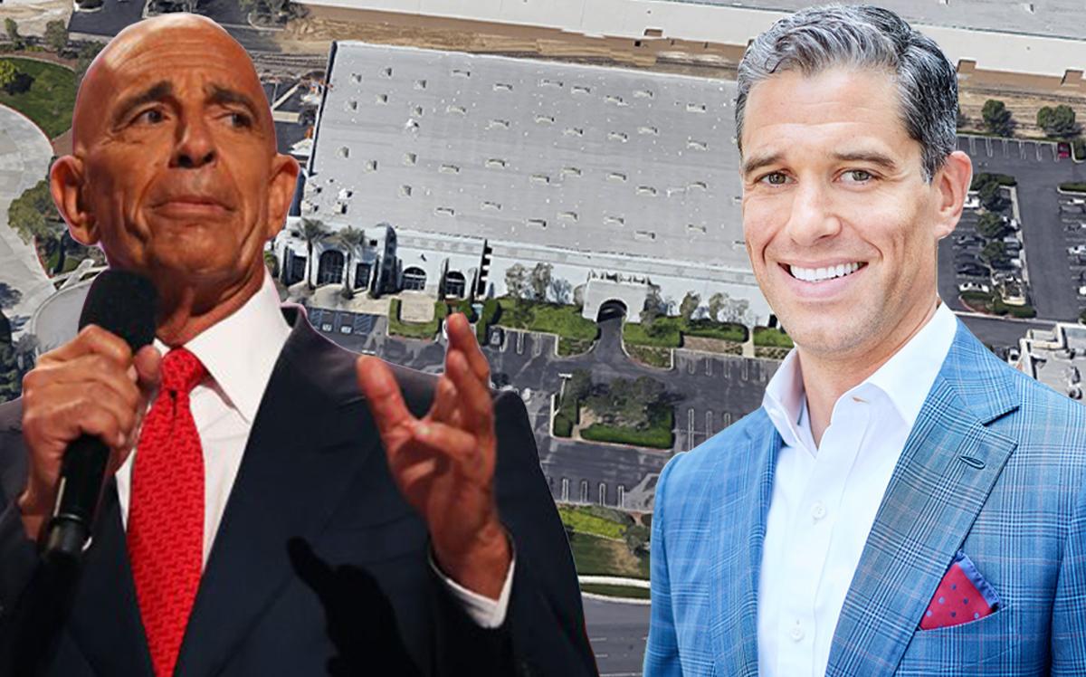 From left: Colony Capital's Tom Barrack, 8250 Milliken Avenue and Lincoln Property Co.'s David Binswanger (Credit: Getty Images, Google Maps)