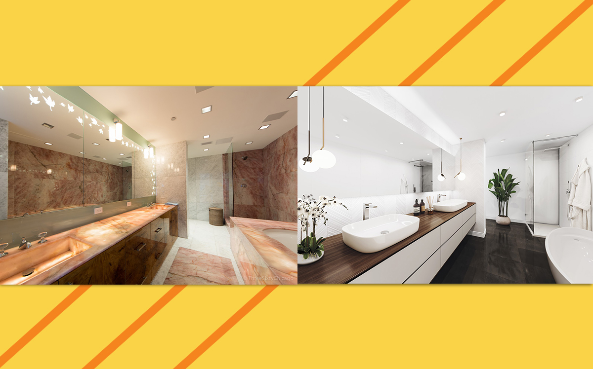The penthouse unit at 415 East North Water Street has its marble finishes digitally removed from its new marketing materials. (Credit: ThreeSixtyChicago via RNP Real Estate Group)