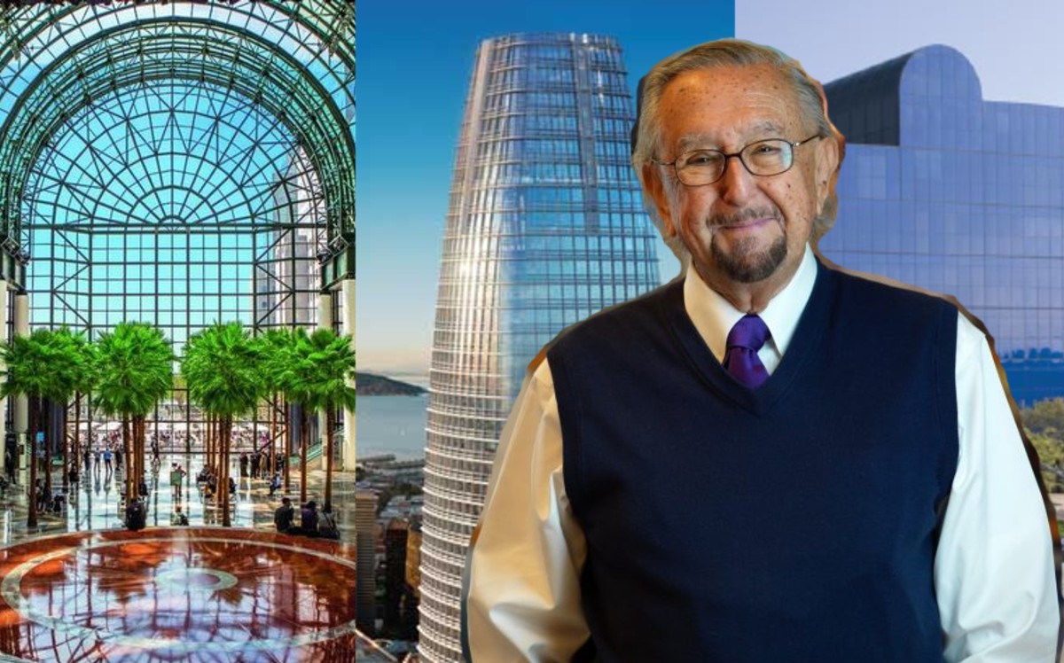 César Pelli, and from left: Brookfield Place in New York, Salesforce Tower in San Francisco, and the Pacific Design Center in Los Angeles (Credit: Pelli Clarke Pelli Architects)
