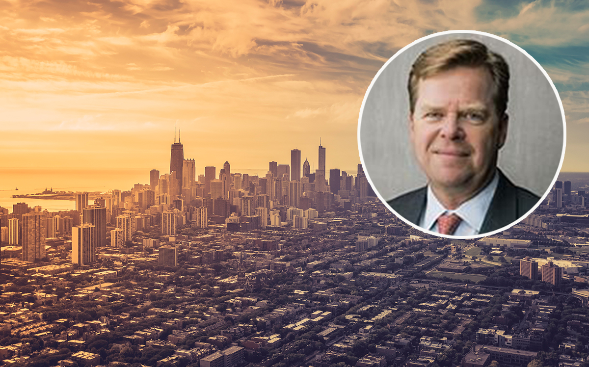 Michael Larsen and an aerial view of Chicago (Credit: Linkedin, iStock)