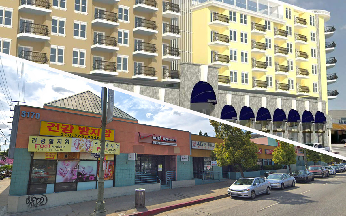 Top to bottom: a rendering of the project and a photo of the site at 3170 West Olympic Boulevard (Credit: Google Maps)