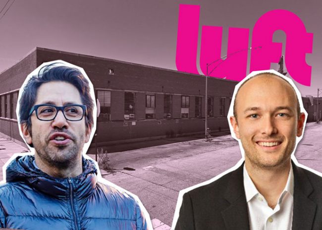 From left: Shapack Partners’ Jeff Shapack, and Lyft CEO Logan Green with 1020 North Elston (Credit: Google Maps and Twitter)
