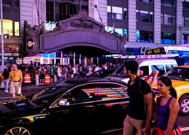 The lights of The Hard Rock Cafes marquee are out during Midtown’s Saturday blackout (Credit: Getty Images)