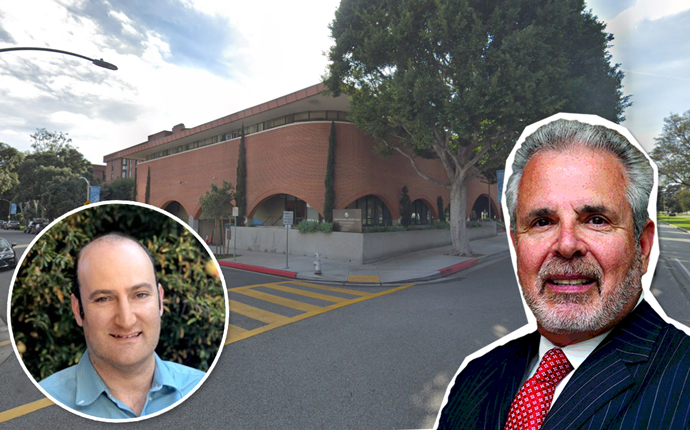 Crescent Heights co-founder Russell Galbut and Temple Emanuel of Beverly Hills Executive Director Matt Davidson, and the property on Burton Way