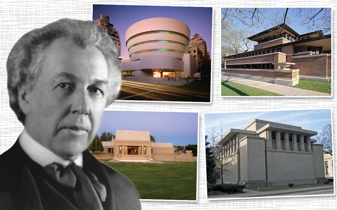 Frank Lloyd Wright with the Guggenheim Museum, Hollyhock House, Unity Temple, and Robie House