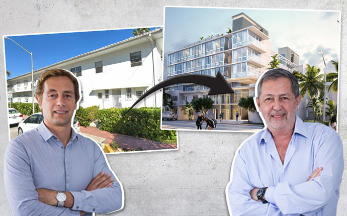 Marcelo Tenenbaum and Jorge Savloff with the current building next to a rendering of the project