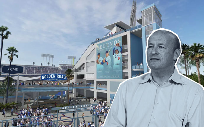 Los Angeles Dodgers President Stan Katsen and a rendering of Centerfield Plaza (credit: Los Angeles Dodgers)