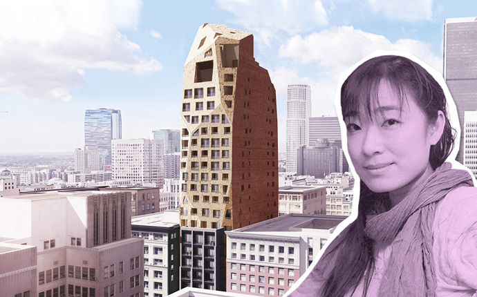 Lizard Capital CEO Bingyi Huang and a rendering of the Spring Street Hotel
