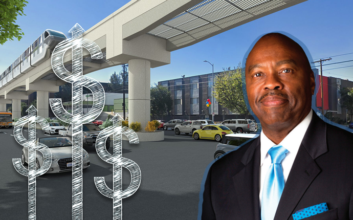 Metro CEO Phillip A. Washington and a rendering of a monorail concept along Sepulveda Boulevard in the San Fernando Valley (credit: Metro)