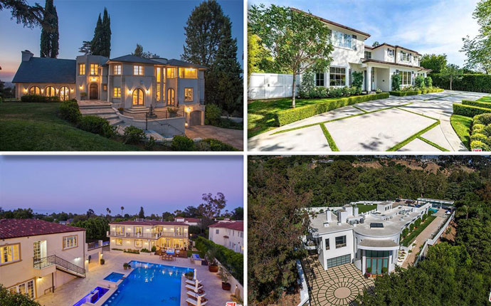 From top left, clockwise: 11400 Sunshine Terrace, 1166 Corsica Drive, 932 Rivas Canyon Road, and 619 S. June Street