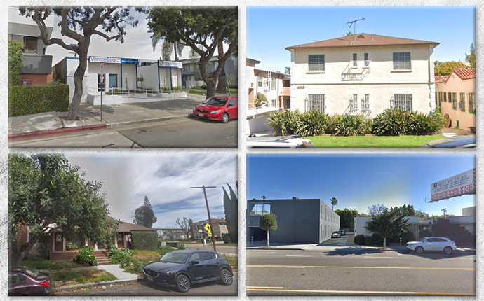 From top left, clockwise: 11961 W. Venice Boulevard, 1462 S. Reeves Street, 2336 S. Westwood Boulevard, and 2968 S. Kelton Avenue
