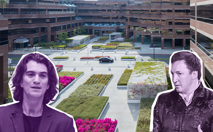 WeWork’s Adam Neumann and Onni Group President Rossano de Cotiis with a rendering of Wilshire Courtyard (Credit: Getty Images and Michael Maltzan Architecture)