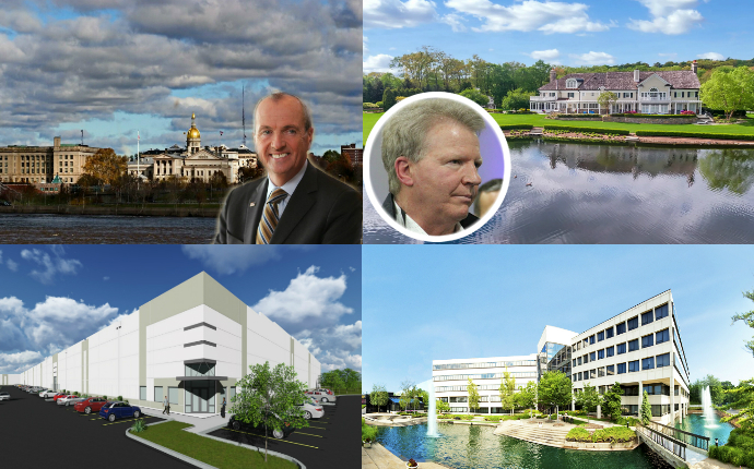 <em>Clockwise from the upper left: New Jersey Gov. Phil Murphy signs "land bank" reform bill, former NFL star Phil Simms relists his 20-acre estate in Franklin Lakes, Mack-Cali Realty offloads a Paramus office building and details emerge on French luxury conglomerate Kering's move to Wayne.</em>