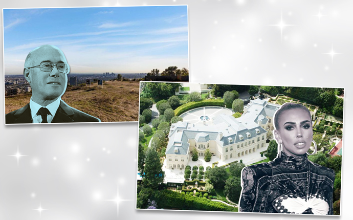 From left: David Geffen and the view from his new Beverly Hills development property, and Spelling Manor in Beverly Hills with Petra Ecclestone (Credit: Wikipedia and Getty Images)