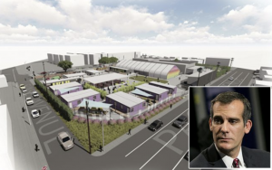 Mayor Eric Garcetti and rendering of proposed temporary shelter in Venice