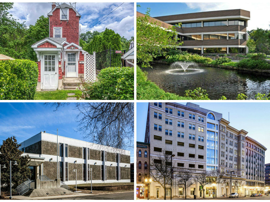 Clockwise from top left: Mamaroneck's historic "Skinny House" hits the market for the first time in decades, Cambridge Hanover sells a building in Trumbull’s Commerce Center, a Manhattan-based LLC shells out $8.3M for a downtown Stamford office building and a co-working space in Trumbull signs its first tenants.