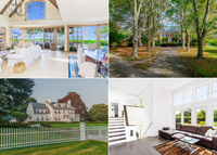 Clockwise from top left: Former rail tycoon James Evans' waterfront estate in East Hampton lists for $60M, Water Mill waterfront home sees price dip below $18M, a modern Sagaponack home hits the market at $9.5M and East Hampton's "White House" gets a $3M price cut.