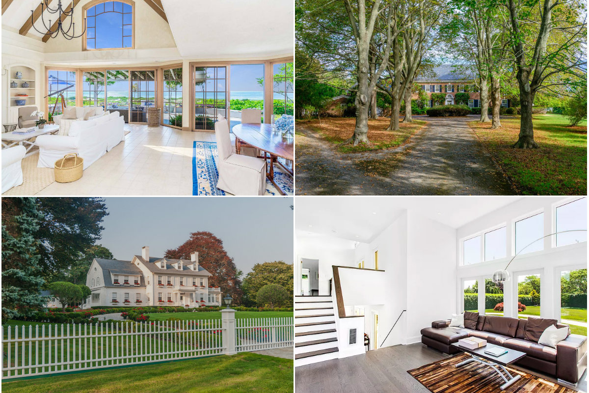 Clockwise from top left: Former rail tycoon James Evans' waterfront estate in East Hampton lists for $60M, Water Mill waterfront home sees price dip below $18M, a modern Sagaponack home hits the market at $9.5M and East Hampton's "White House" gets a $3M price cut.