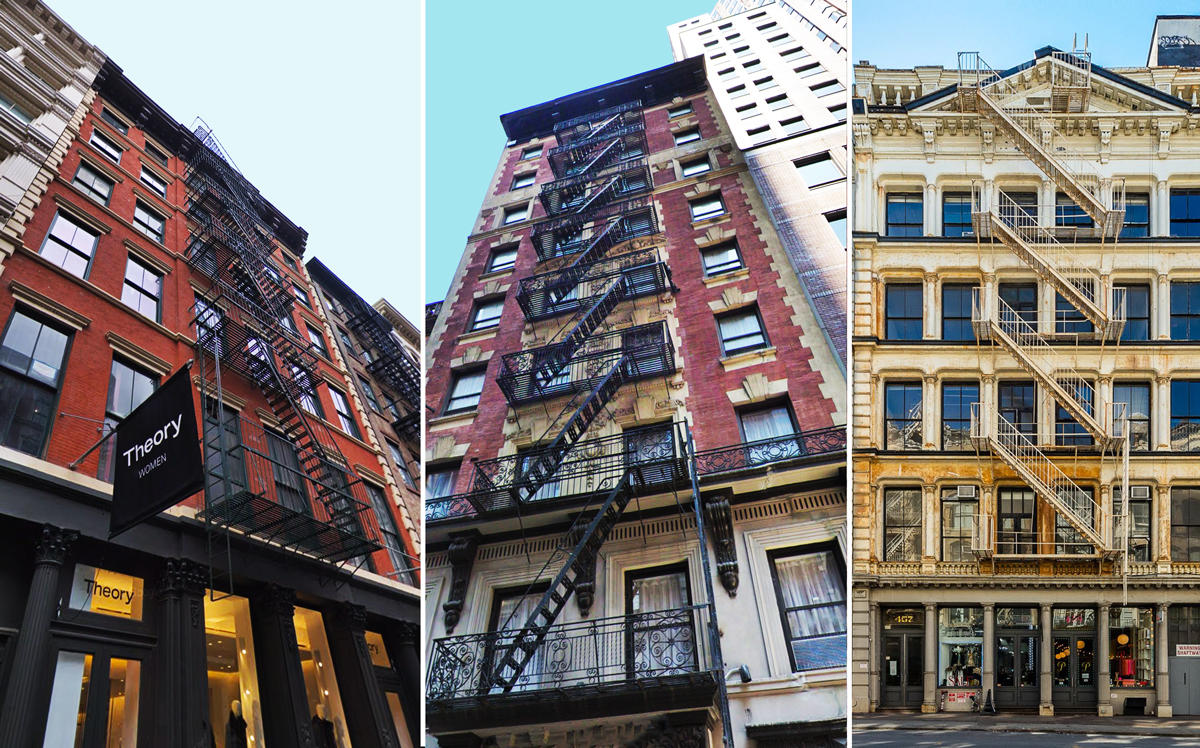 From left: 47-49 Greene Street, 129 West 46th Street and 457 Broome Street (Credit: Google Maps and Meridian Investment Sales)