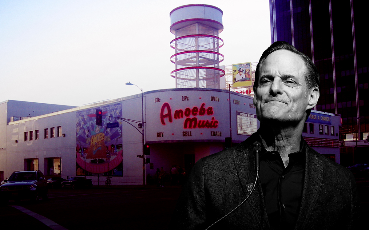 AIDS Healthcare Foundation CEO Michael Weinstein and the Amoeba Music store (Credit: Getty Images and Wikipedia)
