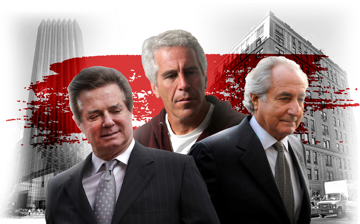 From left: Paul Manafort with Trump Tower, Jeffrey Epstein, and Bernie Madoff with 133 East 64th Street (Credit: Getty Images, CityRealty, and Wikipedia)