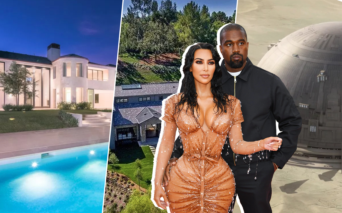 Kim Kardashian West and Kanye West with their Bel-Air mansion, the Hidden Hills house, and a Star Wars-themed dome (Credit: Wikipedia, Compass, Douglass Elliman, and Getty Images)