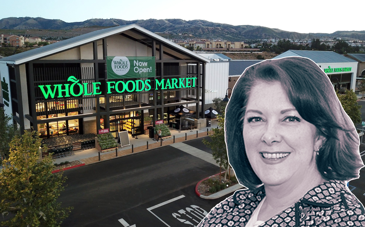 Petra Durnin, CBRE’s director of research for the Pacific southwest, and the Whole Foods grocery store that opened at the Vineyards at Porter Ranch (Credit: CBRE)