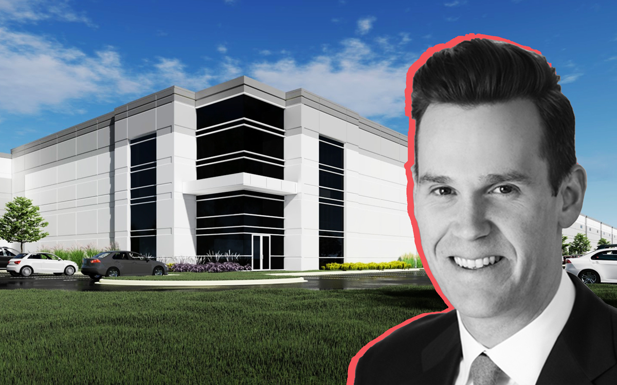 Logistics Property Company Executive Vice President Aaron Martell and renderings of the company’s planned Addison warehouse project.