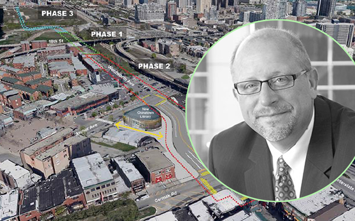 Don Biernacki, Related Midwest’s senior vice president and a map of Wells-Wentworth Connector (Credit: City of Chicago)