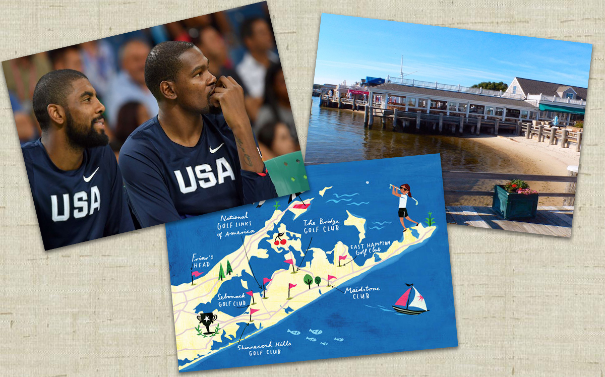 Clockwise from left: Kyrie Irving (left) and Kevin Durant, Gosman’s Dock in Montauk, an illustration of New York's toniest golf clubs (Credit: Andrej Isakovic/AFP/Getty Images, illustration by Christiane Engel)