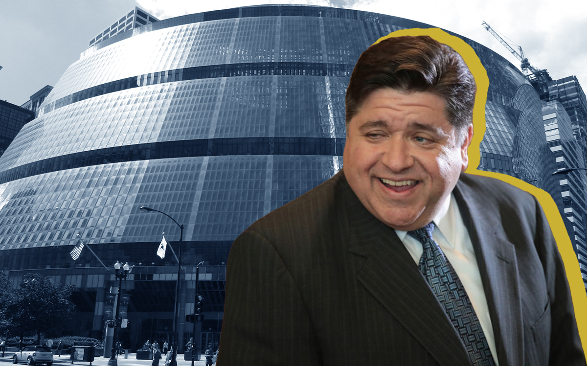 Gov J.B. Pritzker and the Thompson Center, which will be sold (Credit: Getty Images, Wikipedia)