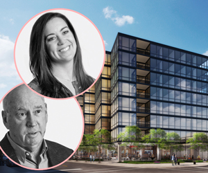 Optima CEO David Hovey Sr. and COO Tara Hovey with renderings of Optima Lakeview (Credit: Optima and 44thward)