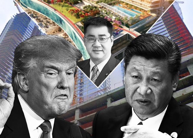 Donald Trump, Xi Jinping and (center) Oceanwide CEO Thomas Feng pictured with a photo of Oceanwide Plaza under construction and a rendering of the project (Credit: Getty Images, Google Maps)