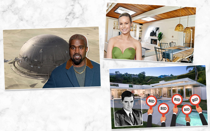 Kanye West (left), Bri Larson and her home (top), and Home on Haynes Avenue and Howard Hughes (bottom) (Credit; Getty Images, Britannica and iStock)