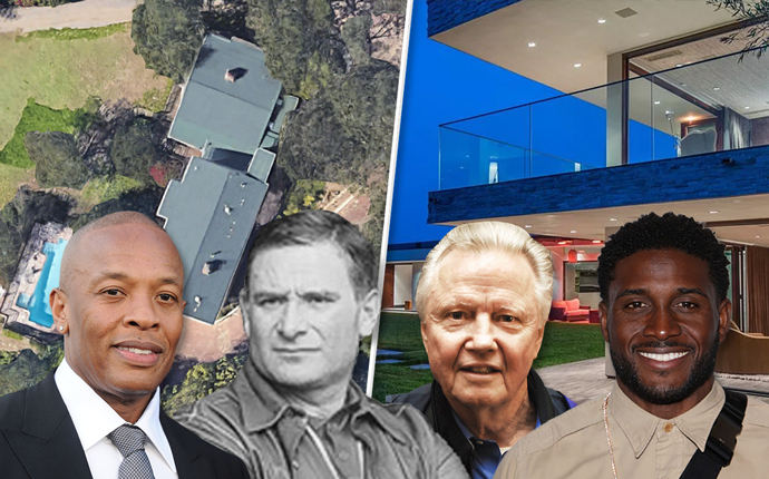From left: Dr. Dre, Vadim Shulman, Jon Voight and Reggie Bush withan aerial of Jon Voight’s home and a photo of Reggie Bush's home (Credit: iStock)
