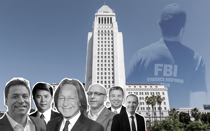 From left: Jose Huizar, Huang Wei, Mohamed Hadid, Robert Herscu, Raymond Chan, and Arman Gabay, with Los Angeles City Hall (Credit: iStock and Getty Images)